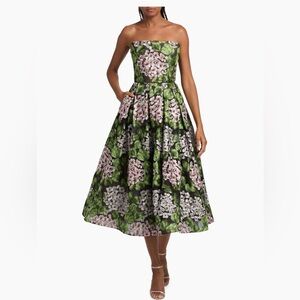 NWT Bronx & BANCO Strapless Floral Midi Dress in Black, Green & Pink